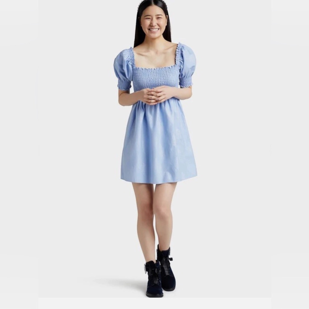 Hill House Athena Light Blue Glitter Check Smocked Mini Nap Dress XS